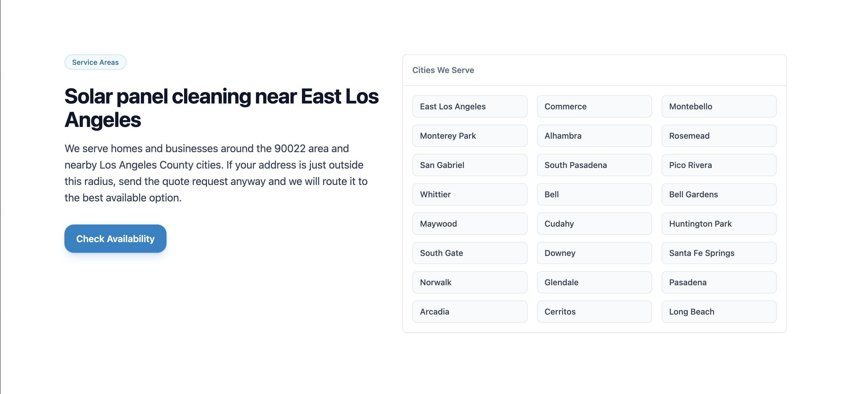 Solar Sustain service area section listing East Los Angeles, Commerce, Montebello, Pasadena, Glendale, Long Beach, and other Los Angeles County cities.