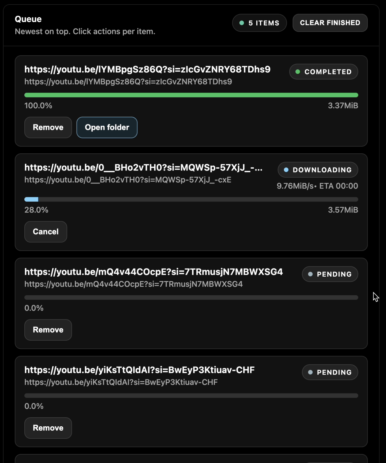 Queue view showing multiple items processing